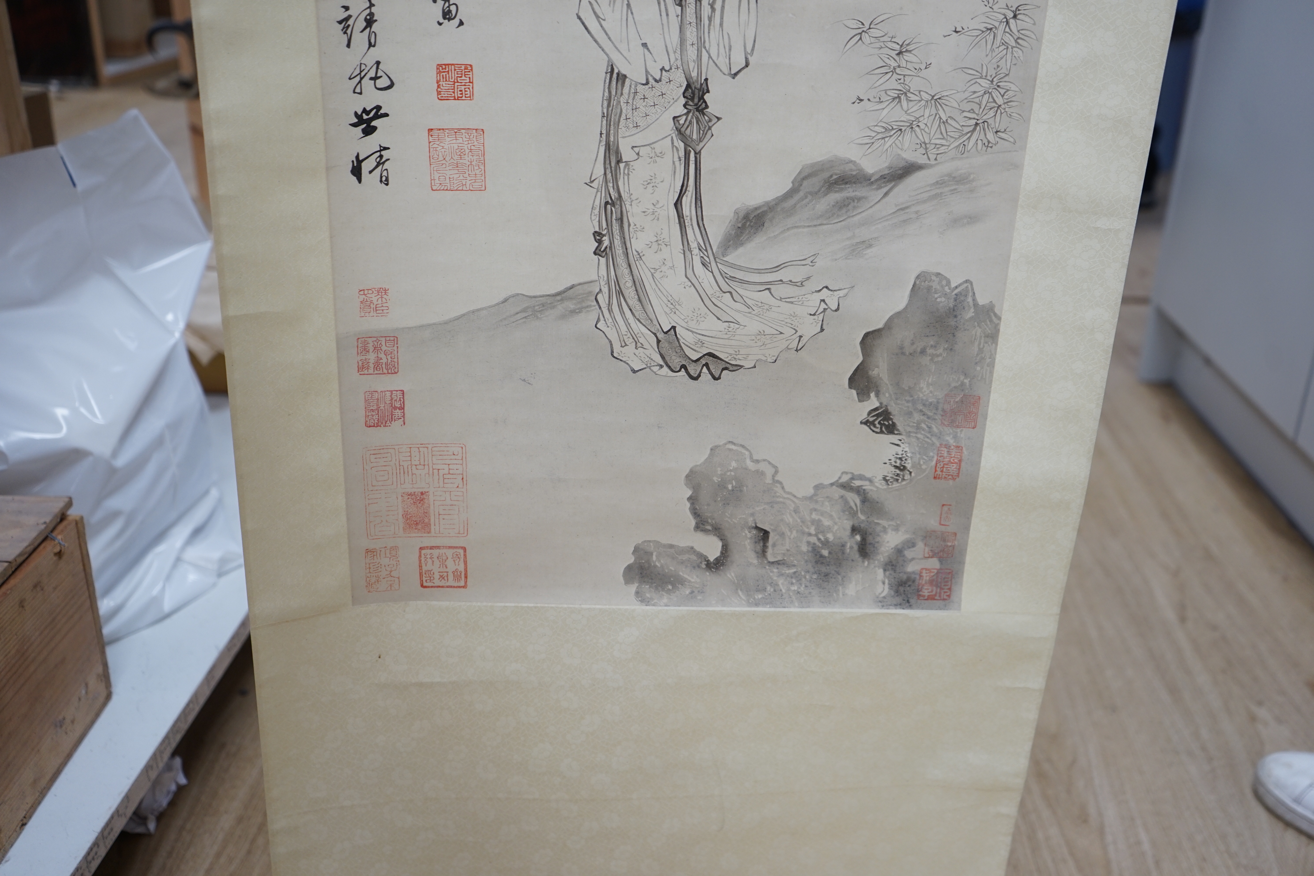 Two Chinese painted scrolls, one on silk, a female wearing a kimono and a landscape